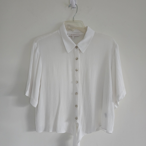 WAYF White Collared Button Front Bottom Tie Short Sleeve Shirt Size Med - Picture 5 of 6